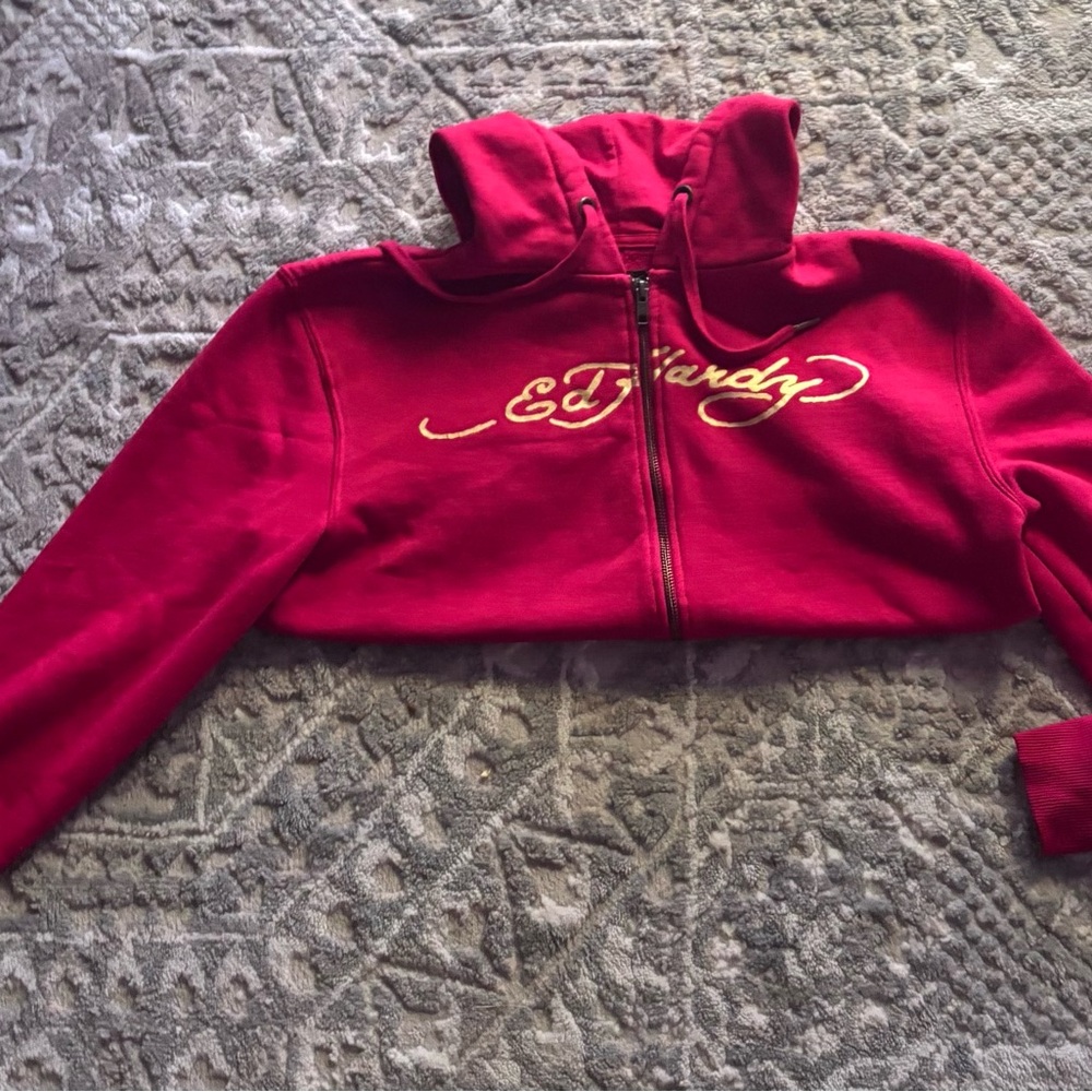 Ed Hardy Vibrant Red Hoodie with Gold Logo